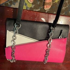 Pink,black and white purse with leather and chain strap!